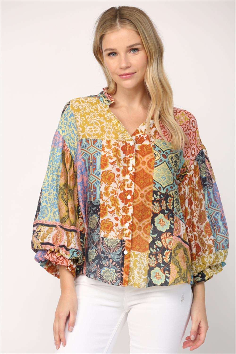 The Stabia Kat Patchwork Bubble Sleeve Top