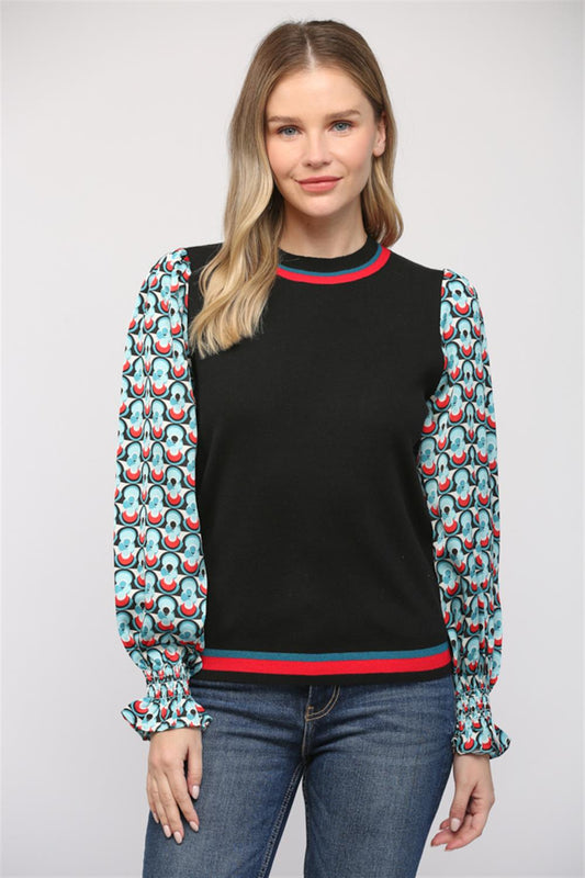 The Bergamo Kat Geo Print Contrast Sleeve Sweater