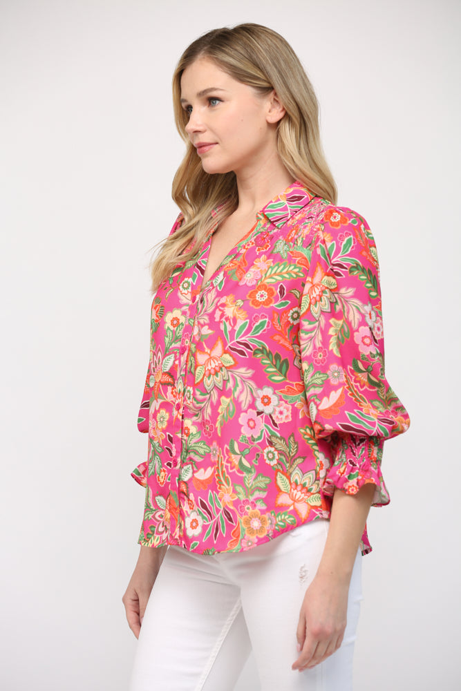 The Hibiscus Kat Botanical Smock Necked Blouse