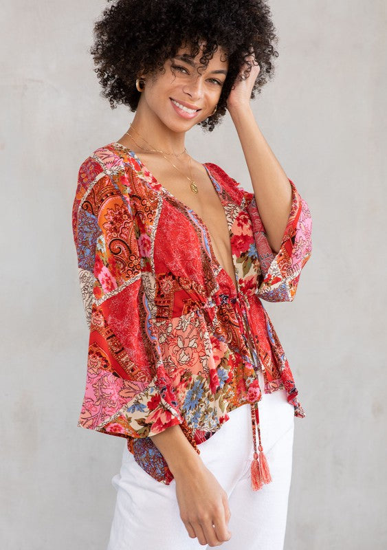 The Bronx Retro Floral Patchwork Tie Front Kimono Top