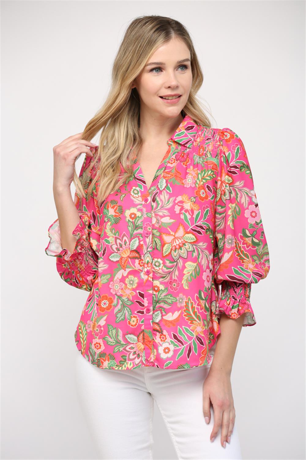 The Hibiscus Kat Botanical Smock Necked Blouse