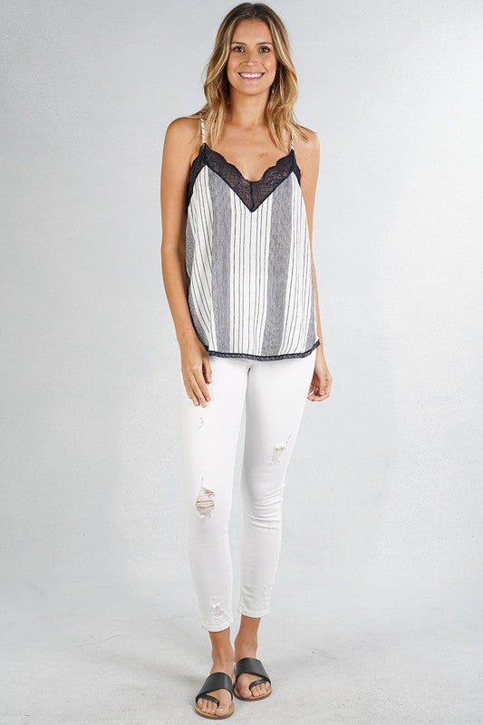 The Yukon Yarn Dye Striped Cami with Lace Trim