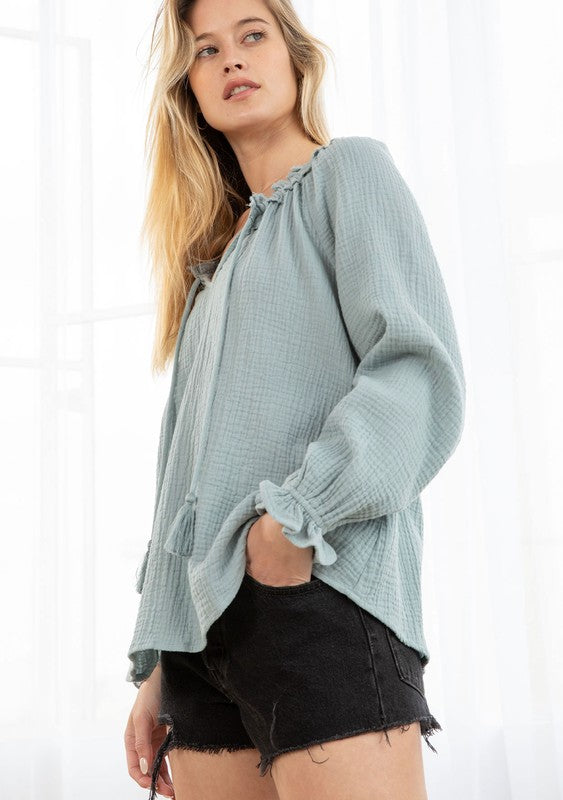 The Coryell Peasant Top in Dusty Teal