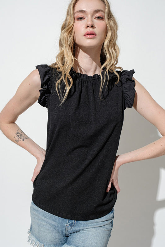 Ribbed Sleeveless Ruffle Blouse