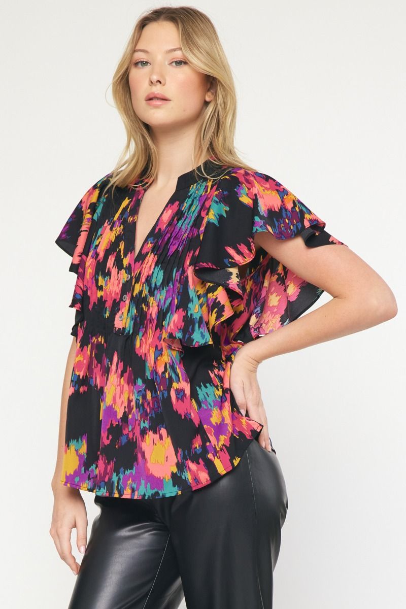 The Eye Kat Pleated Front Ruffle Sleeve Top