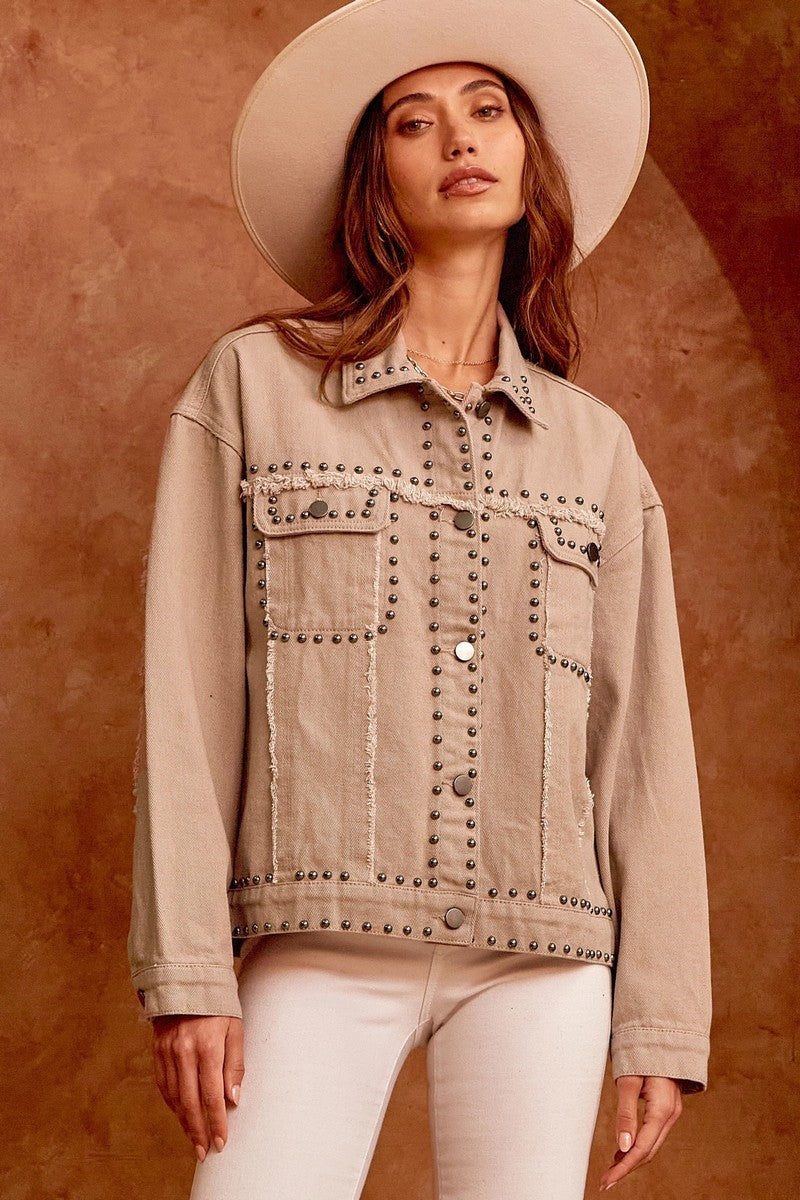 The Juniper Kat Studded Denim Jacket with Fray in Mocha