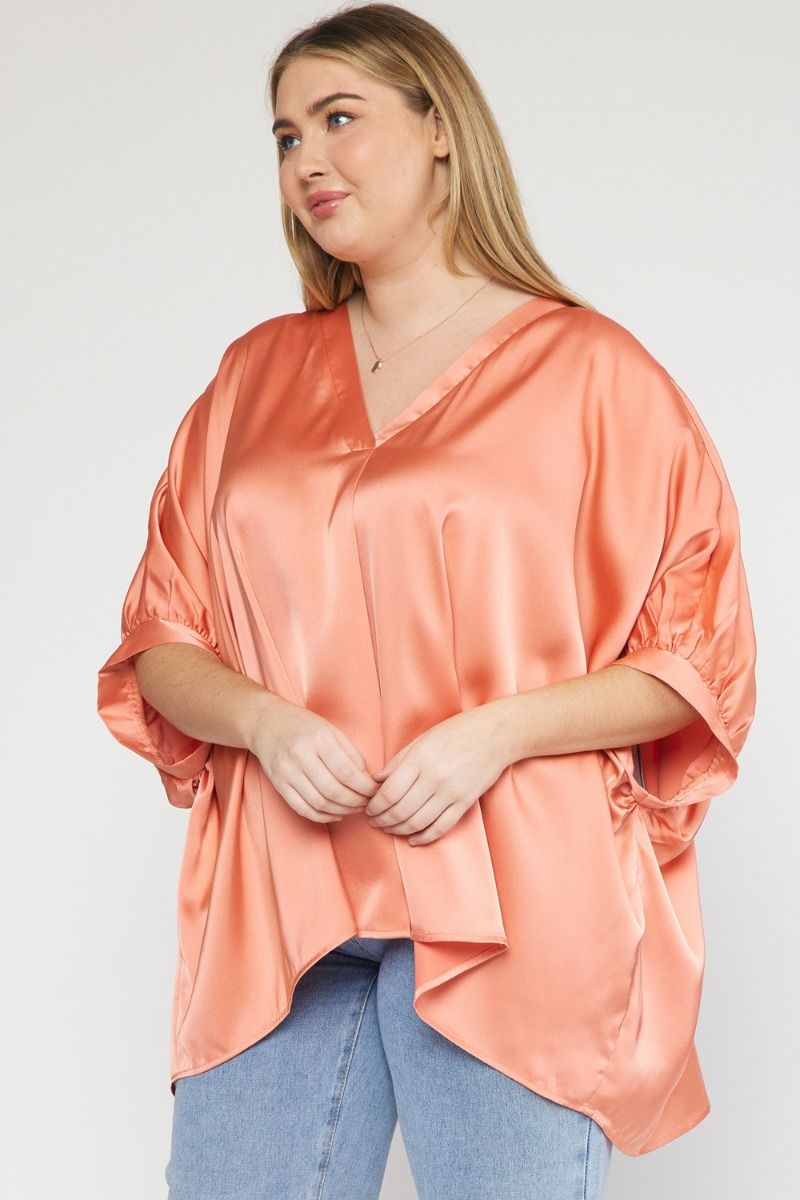 Kriss Kat Drape V-Neck Satin Blouse Curve +