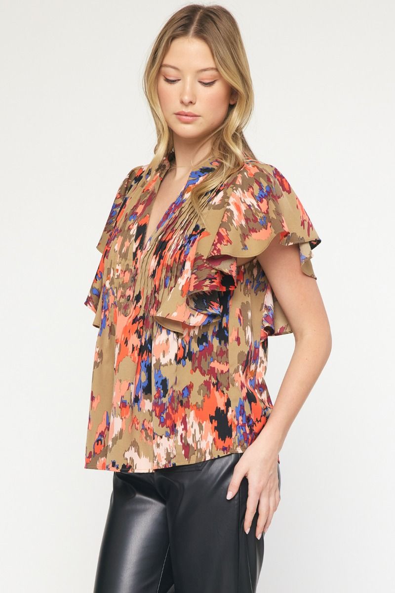 The Eye Kat Pleated Front Ruffle Sleeve Top