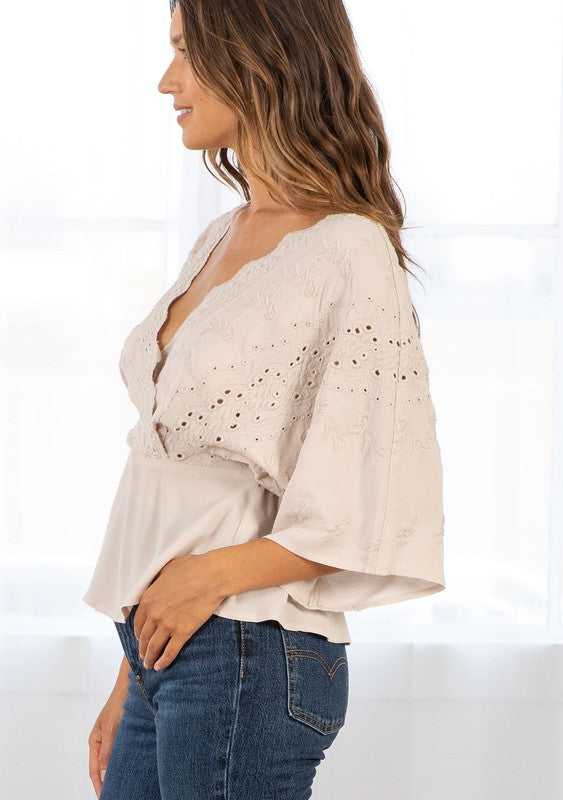 The Heidi Embroidered Kimono Sleeve Surplice Blouse