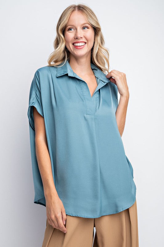 The Billing Kat Collared Satin Drop Shoulder Blouse