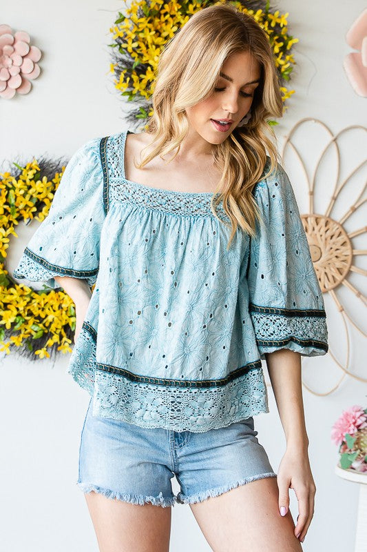 The Melanie Kat Washed Eyelet Babydoll Top