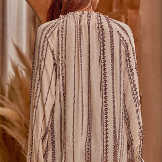 The Frankie Kat Embroidered Split Neck Striped Peasant Top Curve +