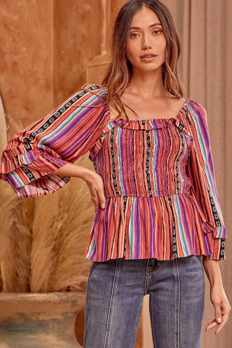 The Dallas Kat Smocked Top Aztec Stripe Top with Peplum