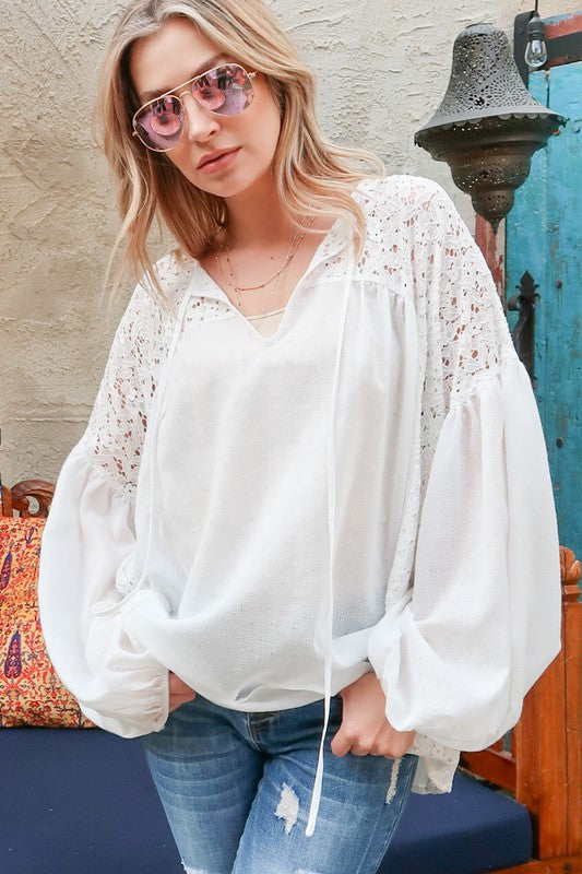 The Iris Floral Lace Contrast Panel Balloon Sleeve Top