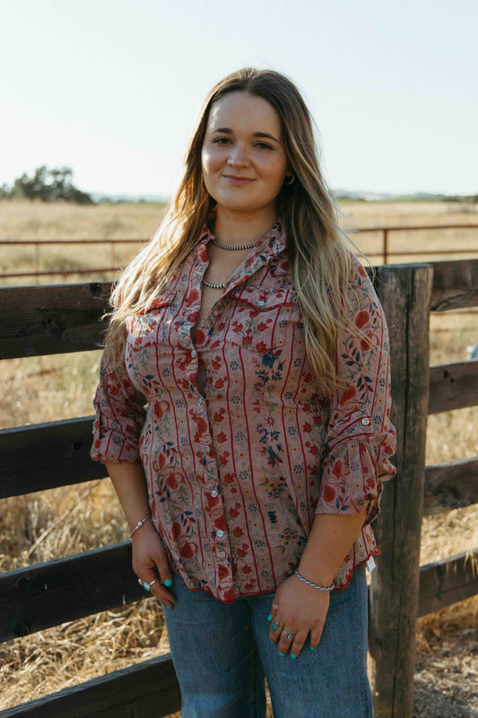 Garden Kat Floral Pink Button Up