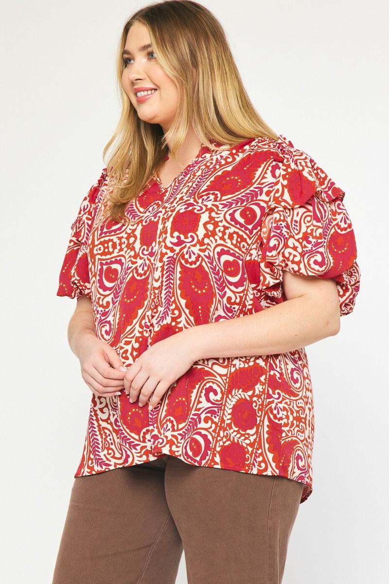 The Woo Kat Bold Print Ruffle Sleeve Top Curve +