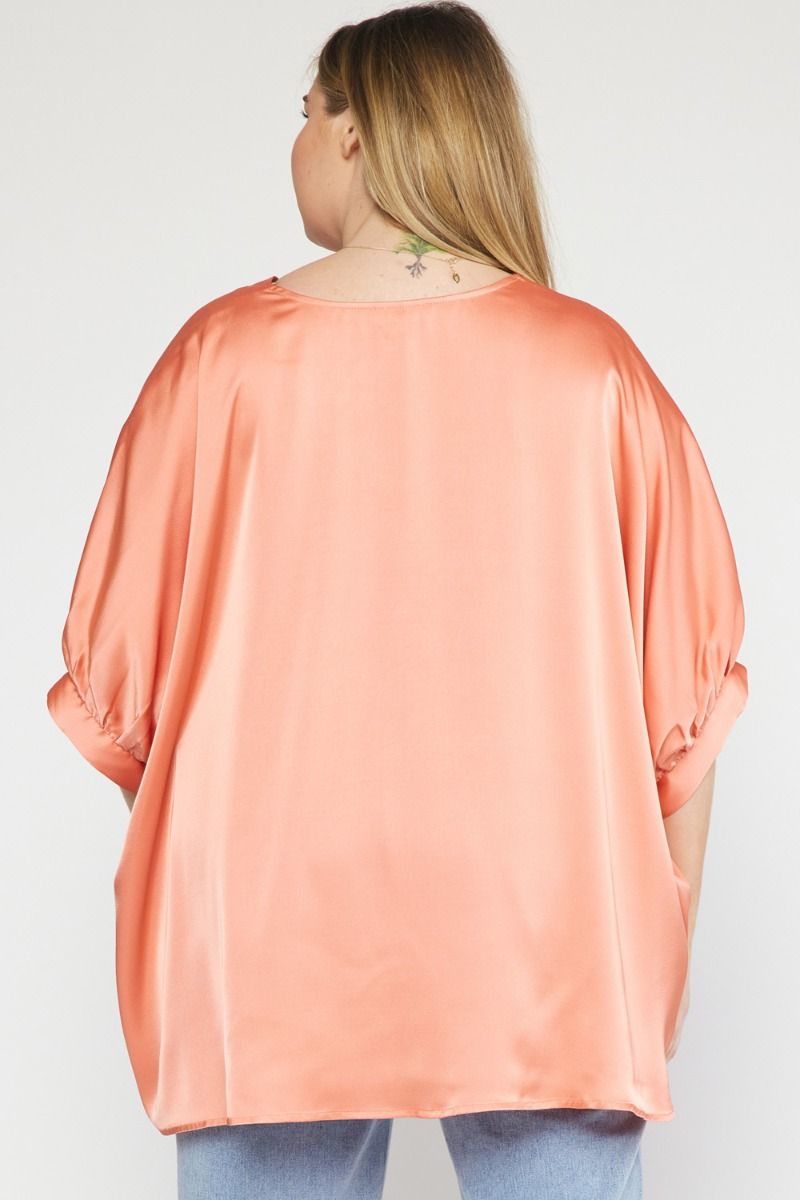 Kriss Kat Drape V-Neck Satin Blouse Curve +