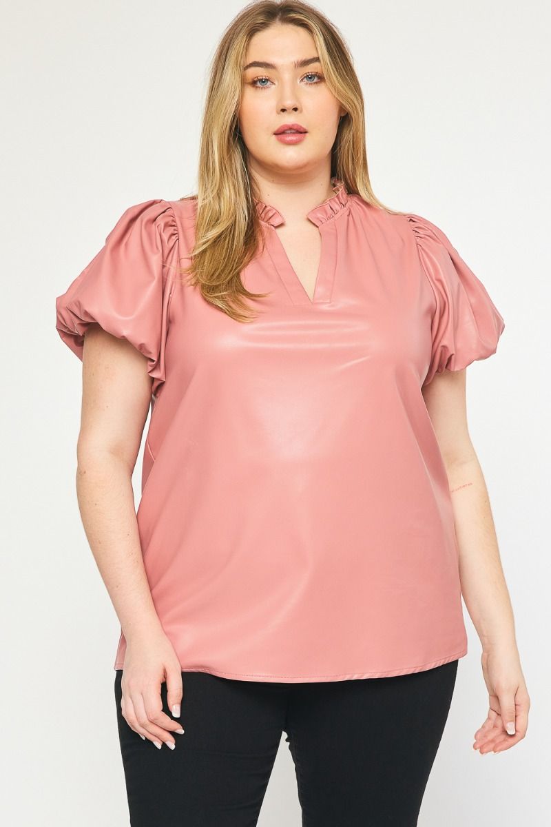 The Payne Kat Faux Leather Ruffle Sleeve Top Curve +