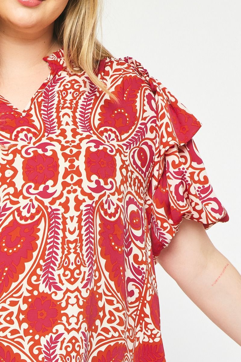 The Woo Kat Bold Print Ruffle Sleeve Top Curve +