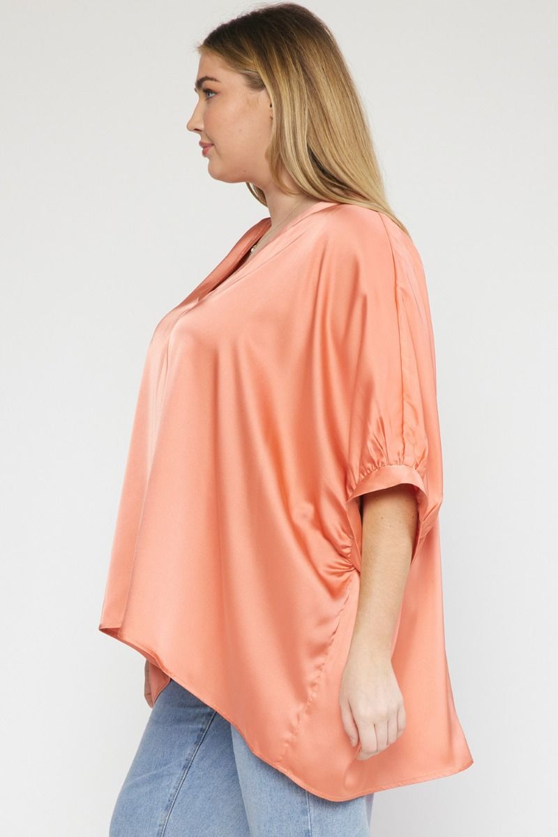 Kriss Kat Drape V-Neck Satin Blouse Curve +