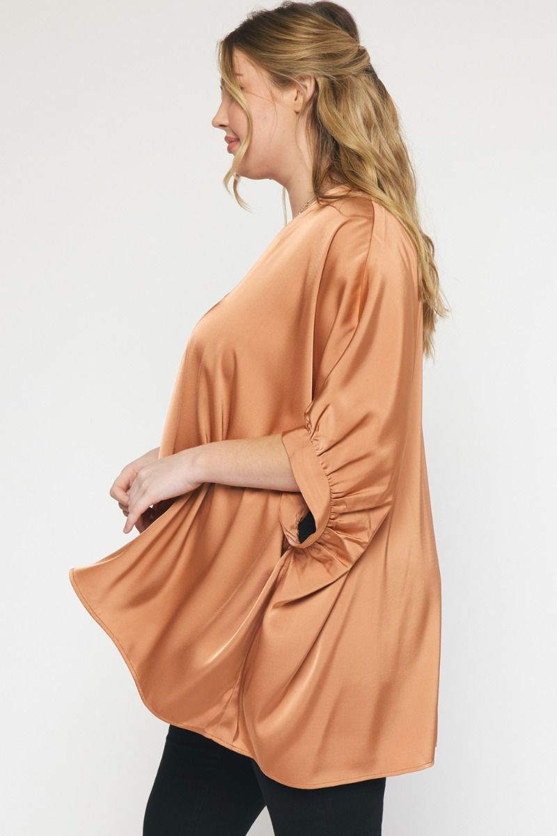 Kriss Kat Drape V-Neck Satin Blouse Curve +