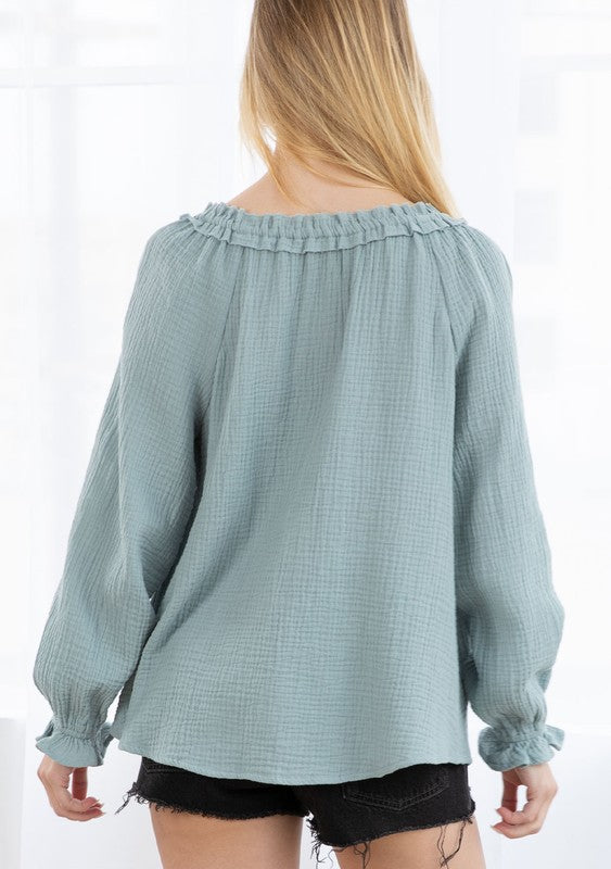 The Coryell Peasant Top in Dusty Teal