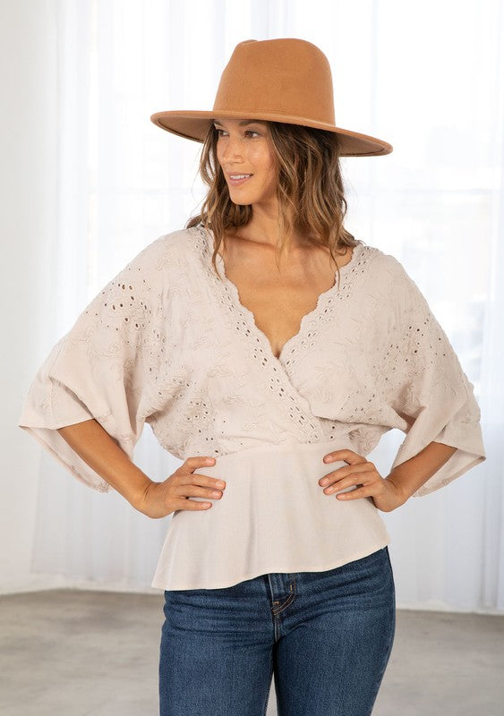 The Heidi Embroidered Kimono Sleeve Surplice Blouse