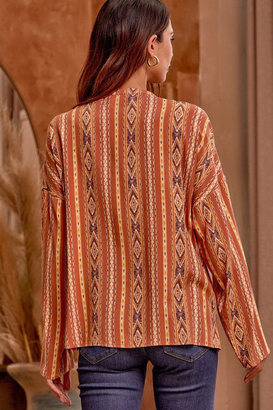 The Wren Kat Split Neck Rust Stripe Embroidered Top Curve +