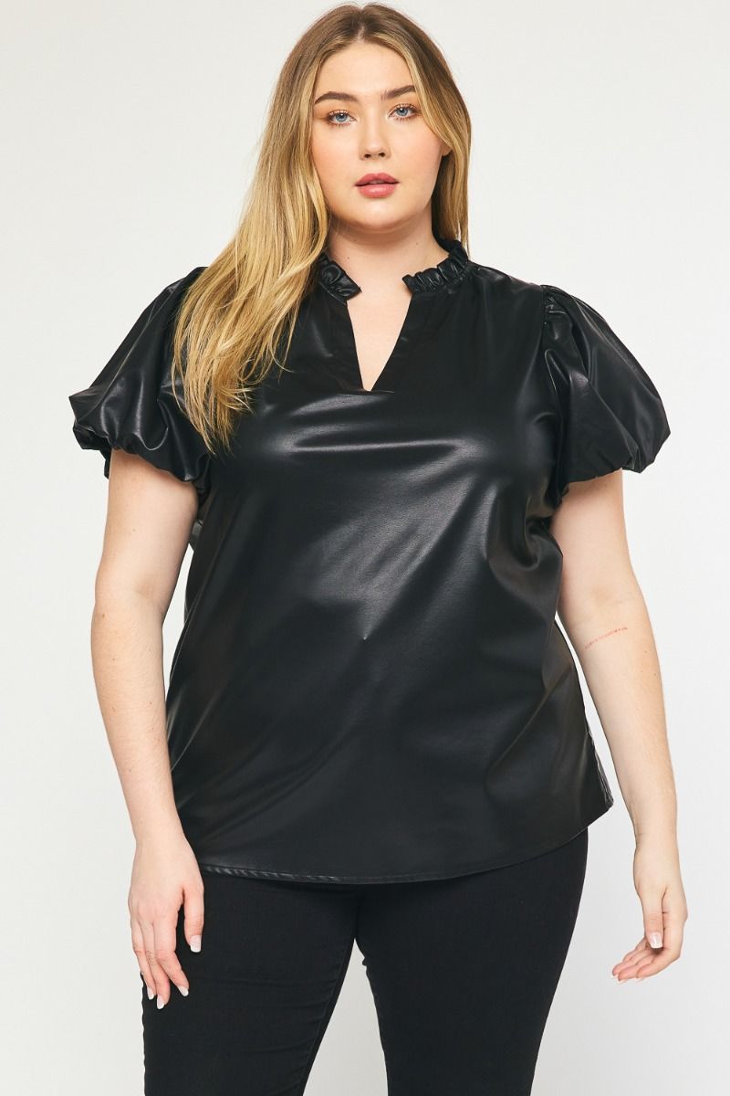 The Payne Kat Faux Leather Ruffle Sleeve Top Curve +