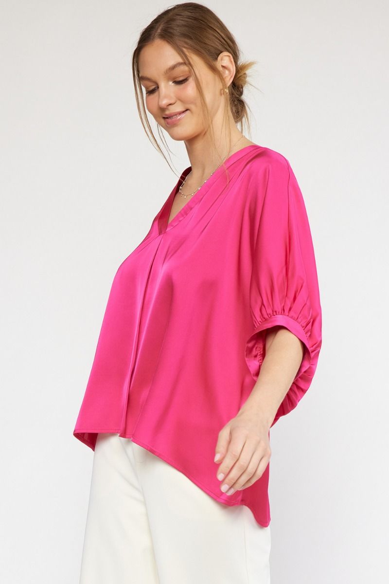 Kriss Kat Drape V-Neck Satin Blouse