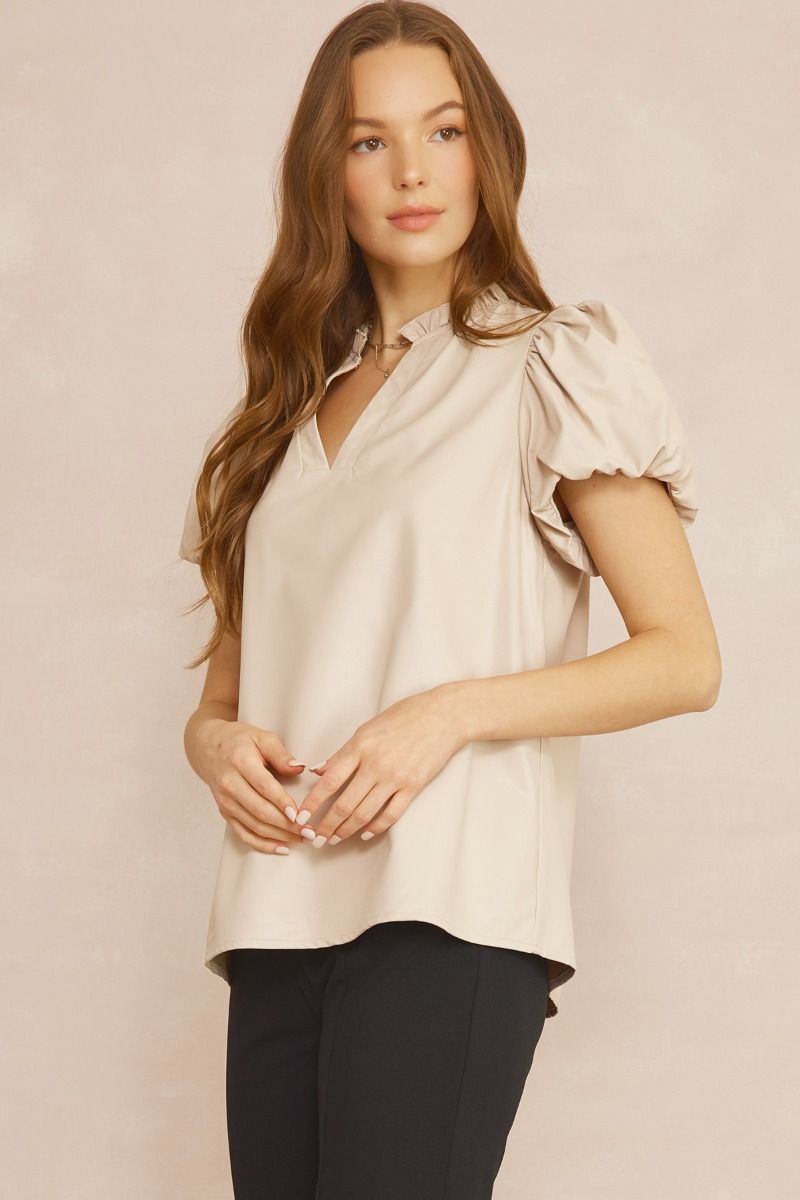 The Payne Kat Faux Leather Ruffle Sleeve Top