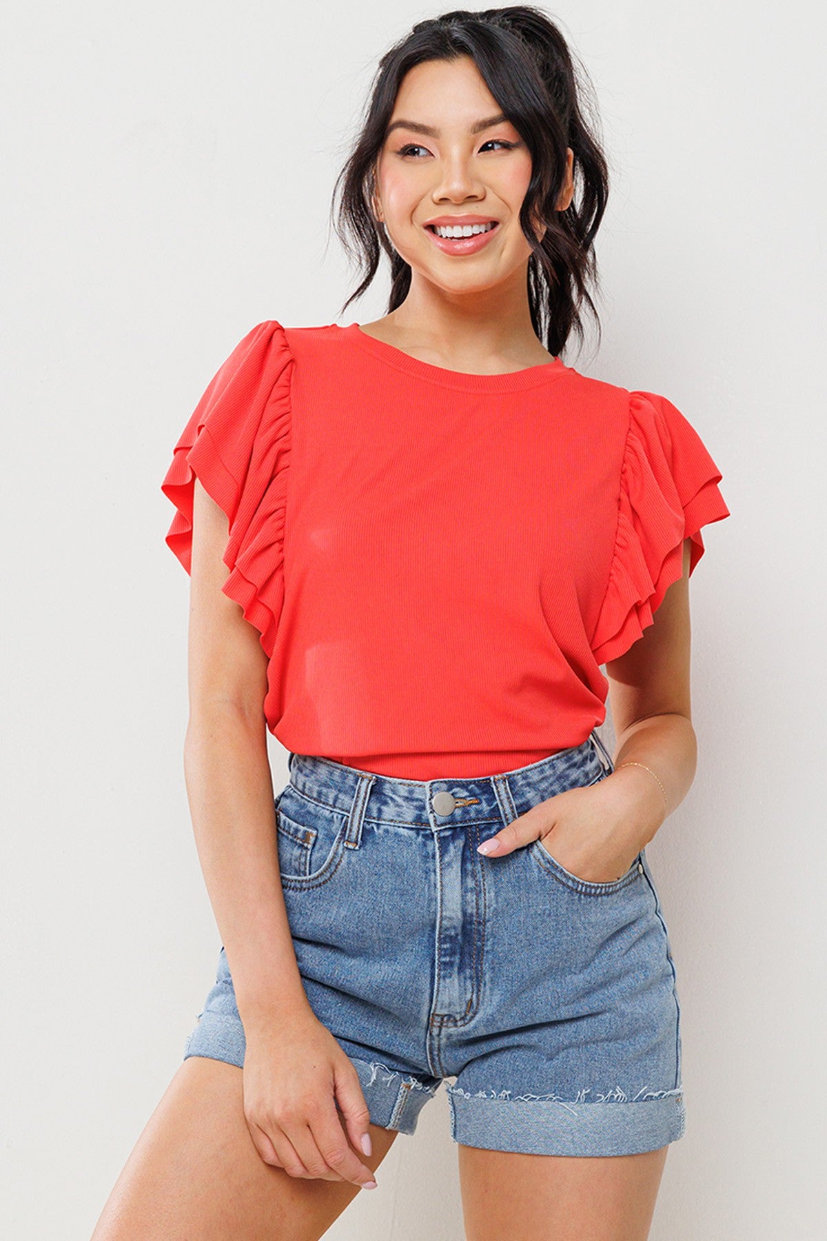 Genevieve Double Ruffle Short Sleeve Knit Top