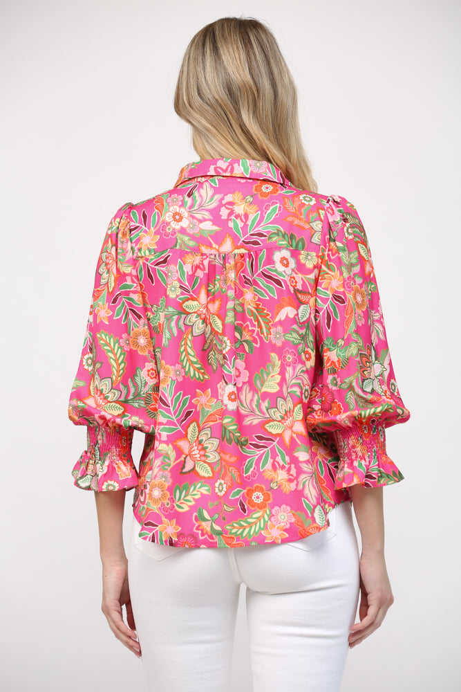 The Hibiscus Kat Botanical Smock Necked Blouse