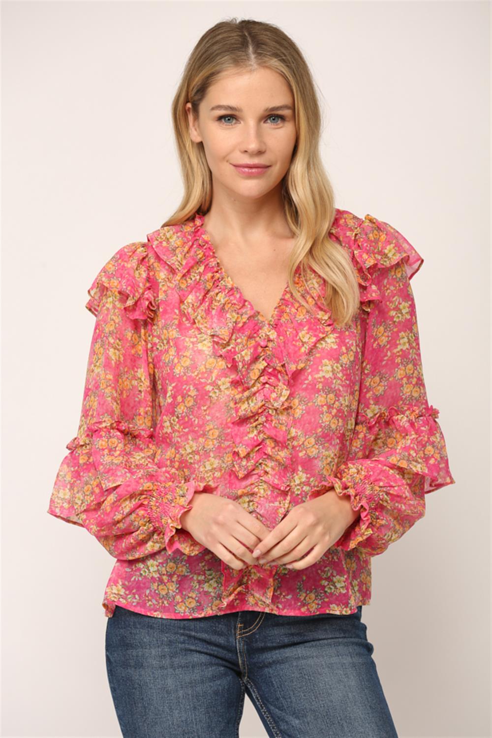 Pink Ruffle Floral Blouse