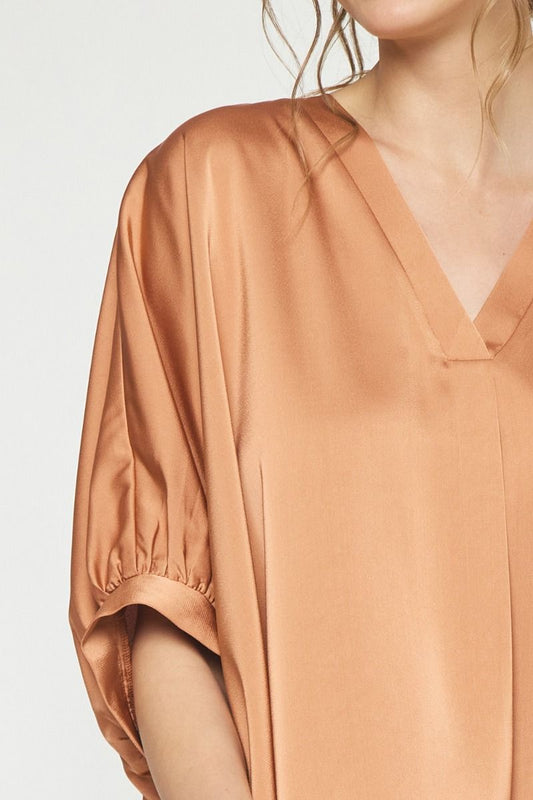 Kriss Kat Drape V-Neck Satin Blouse