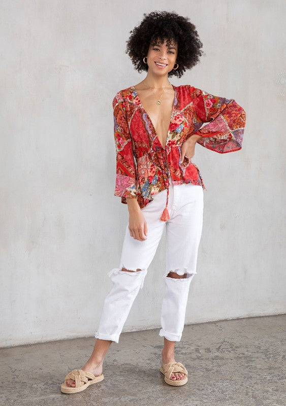 The Bronx Retro Floral Patchwork Tie Front Kimono Top