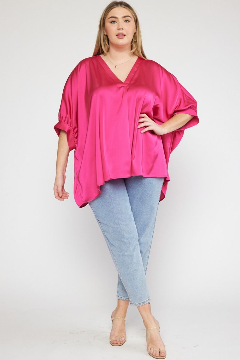 Kriss Kat Drape V-Neck Satin Blouse Curve +