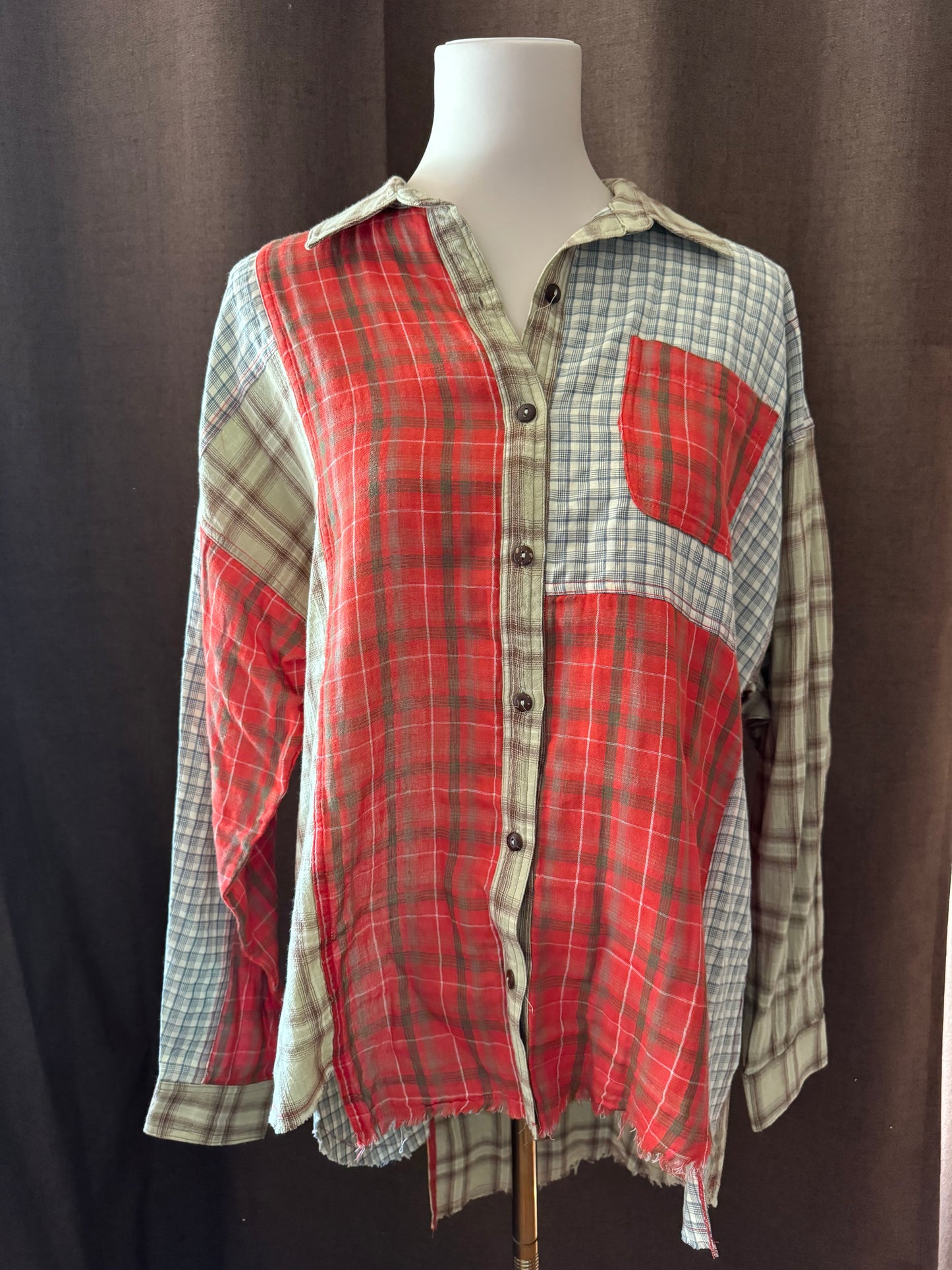 Plaid Block Color Button Up