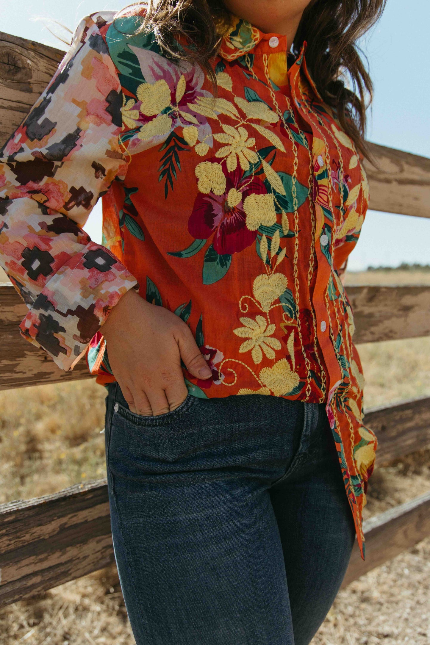 Olivia Kat Orange Embroidered Button Up