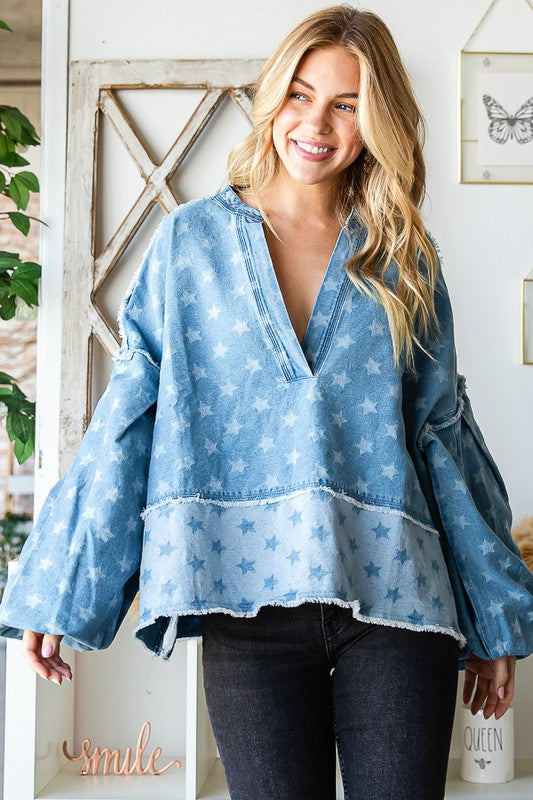 The Payson Kat Star Denim Balloon Sleeve Top