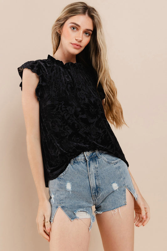 Amanda Kat Floral Textured Velvet Ruffled Blouse