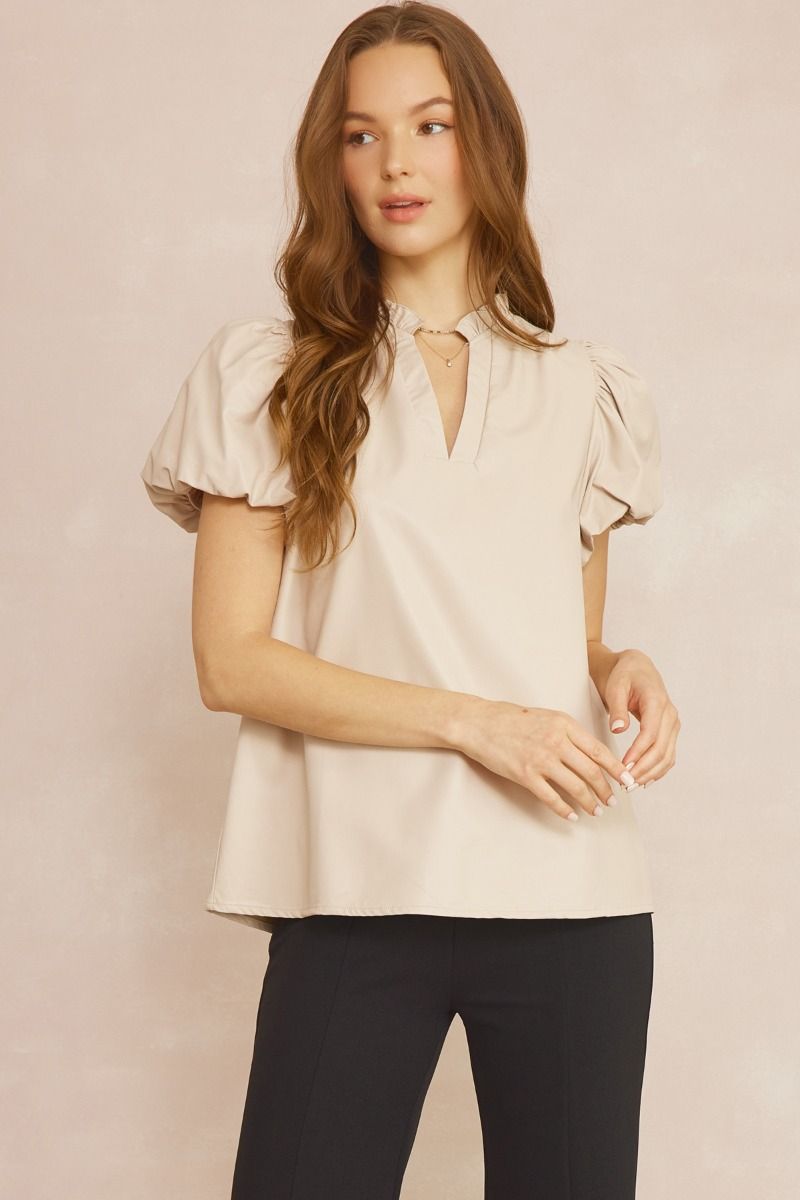 The Payne Kat Faux Leather Ruffle Sleeve Top