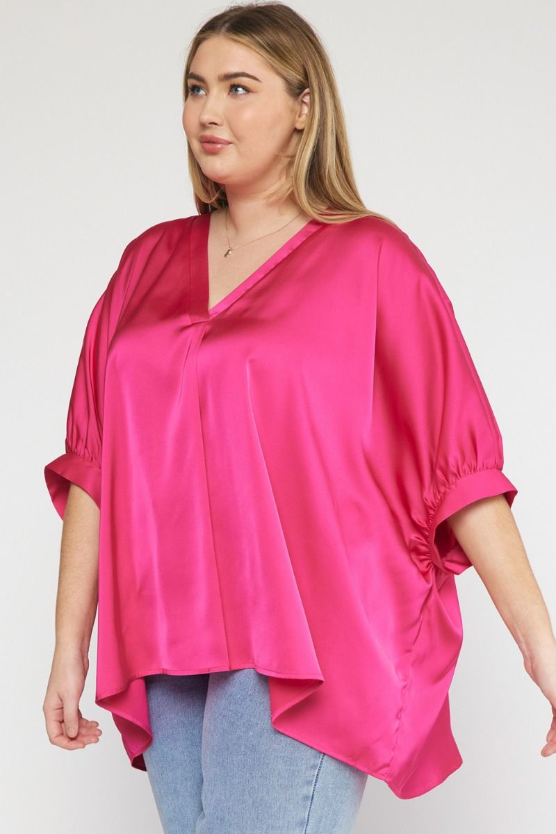 Kriss Kat Drape V-Neck Satin Blouse Curve +