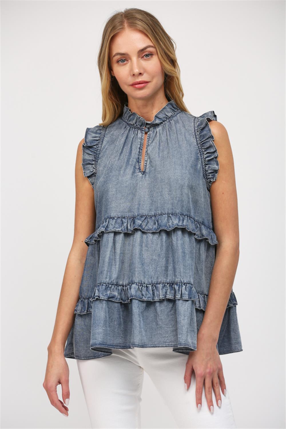 Monterey Kat Ruffle Trimmed Denim Top