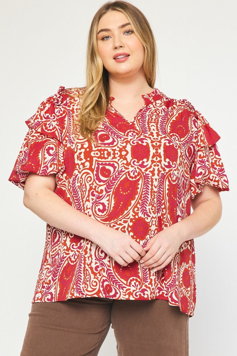 The Woo Kat Bold Print Ruffle Sleeve Top Curve +