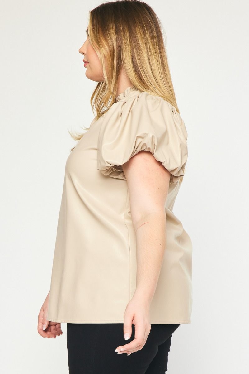 The Payne Kat Faux Leather Ruffle Sleeve Top Curve +