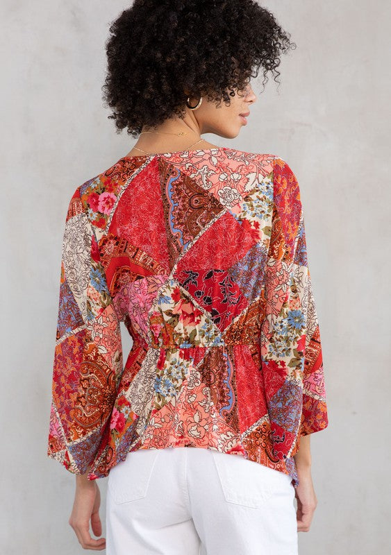 The Bronx Retro Floral Patchwork Tie Front Kimono Top