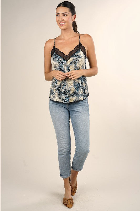 The Claremore Watercolor Animal Print Lace Trim Camisole