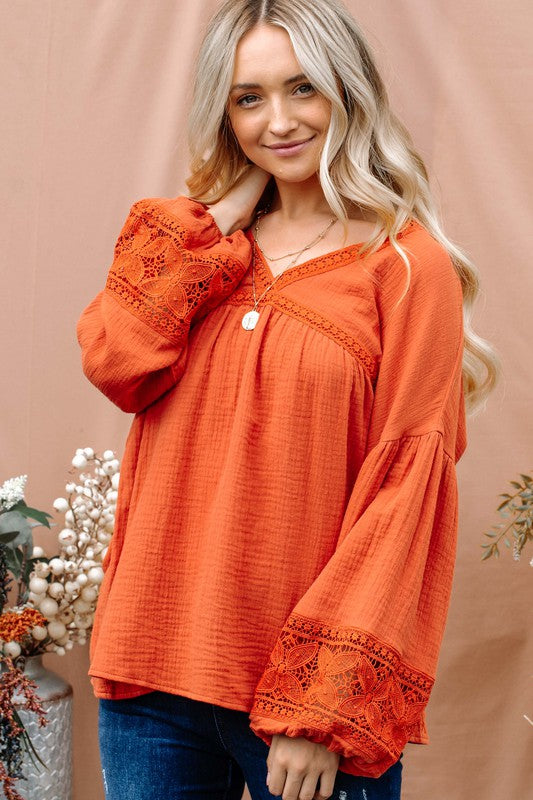 The Marx Cotton Gauze Lace Balloon Sleeve Top