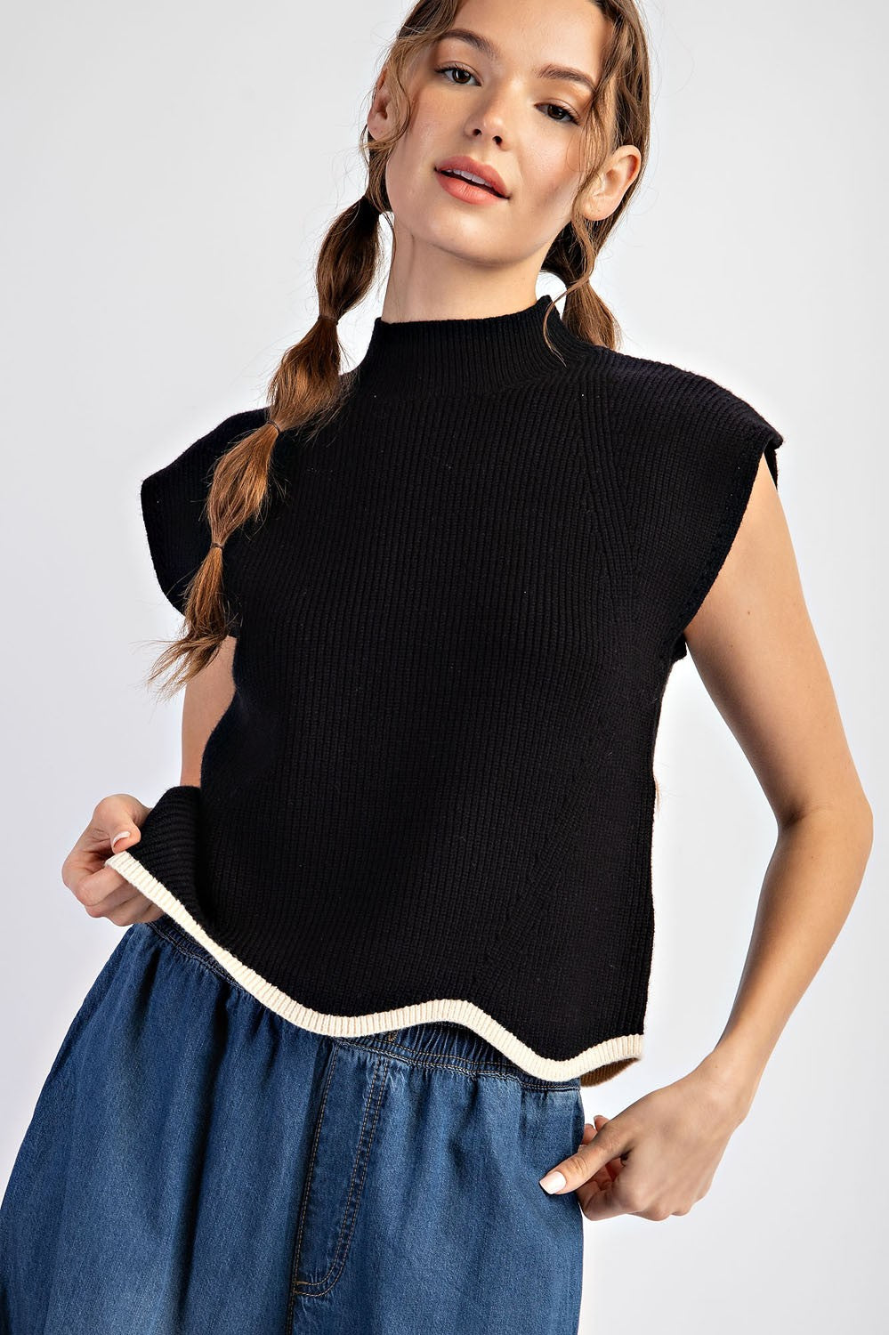 Auren Kat Mock Neck Scallop Trim Sweater